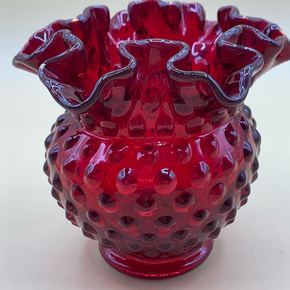 Fenton Ruby Hobnail Vase double crimped Glows under a black light